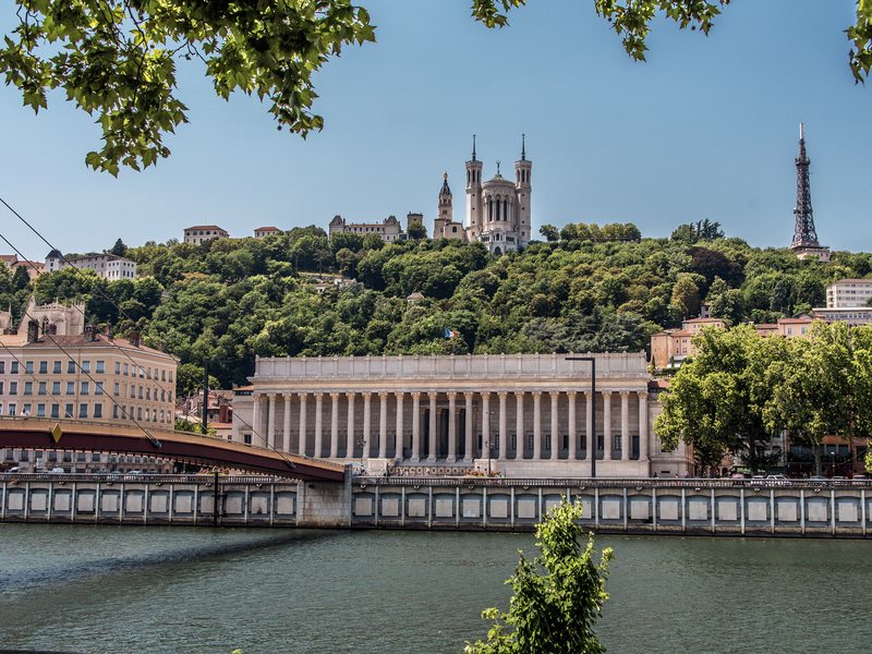 Lyon from across the Saone, the courthouse below Fourviere basilica