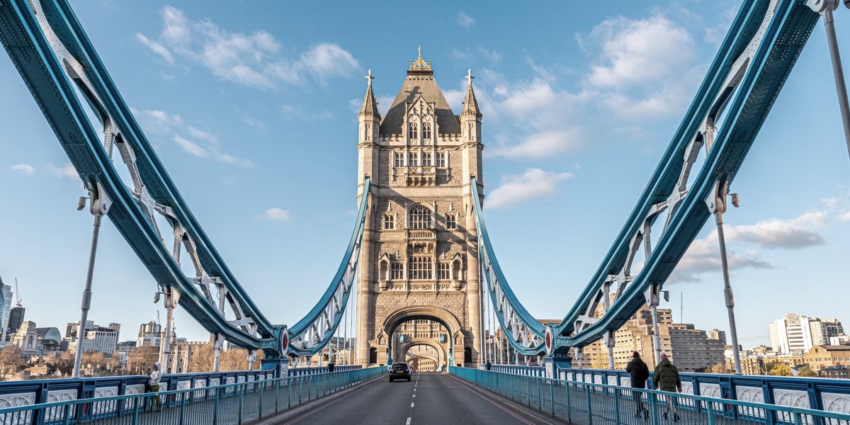 Tower Bridge in London, the north tower seen from the roadway